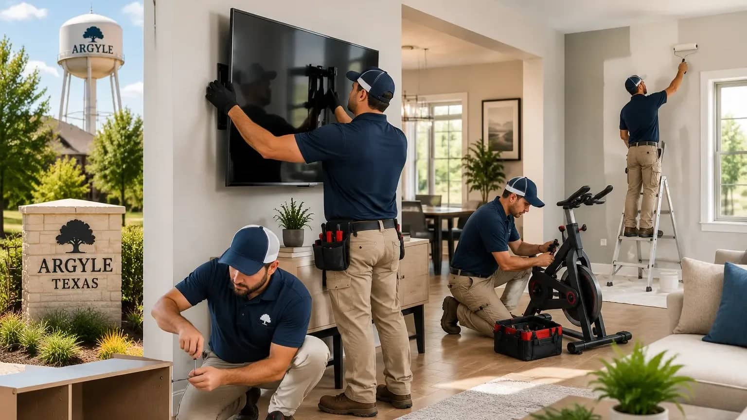 Professional Argyle, TX handyman technicians completing home services including TV mounting, furniture assembly, and interior painting in a modern home.