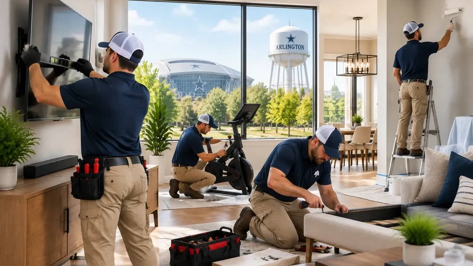 Background-checked handyman technicians providing TV mounting, furniture assembly, fitness equipment assembly, painting, and drywall repair services in Arlington, TX.