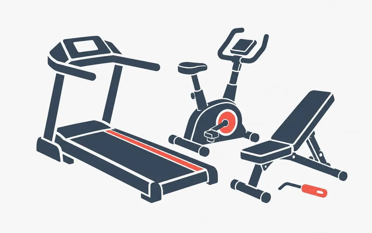 Treadmills, exercise bikes, ellipticals, and rowers put together, with fasteners, connections, adjustments, and basic operation checked.