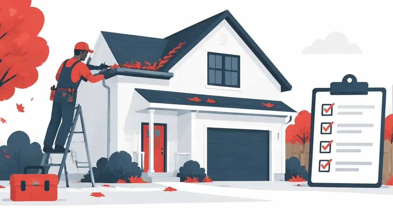 Dallas Fall Home Maintenance Tips: Prepare Your Home for Winter Dallas fall home maintenance checklist showing a handyman preparing a house for winter with gutter cleaning, outdoor repairs, and seasonal maintenance tasks.