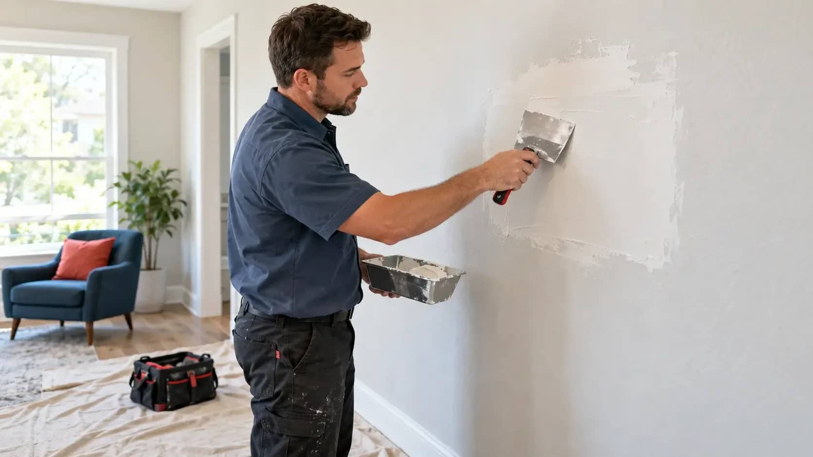 Drywall Repair in Carrollton, TX | HouseBench Technician smoothing a drywall repair patch with joint compound and a taping knife.