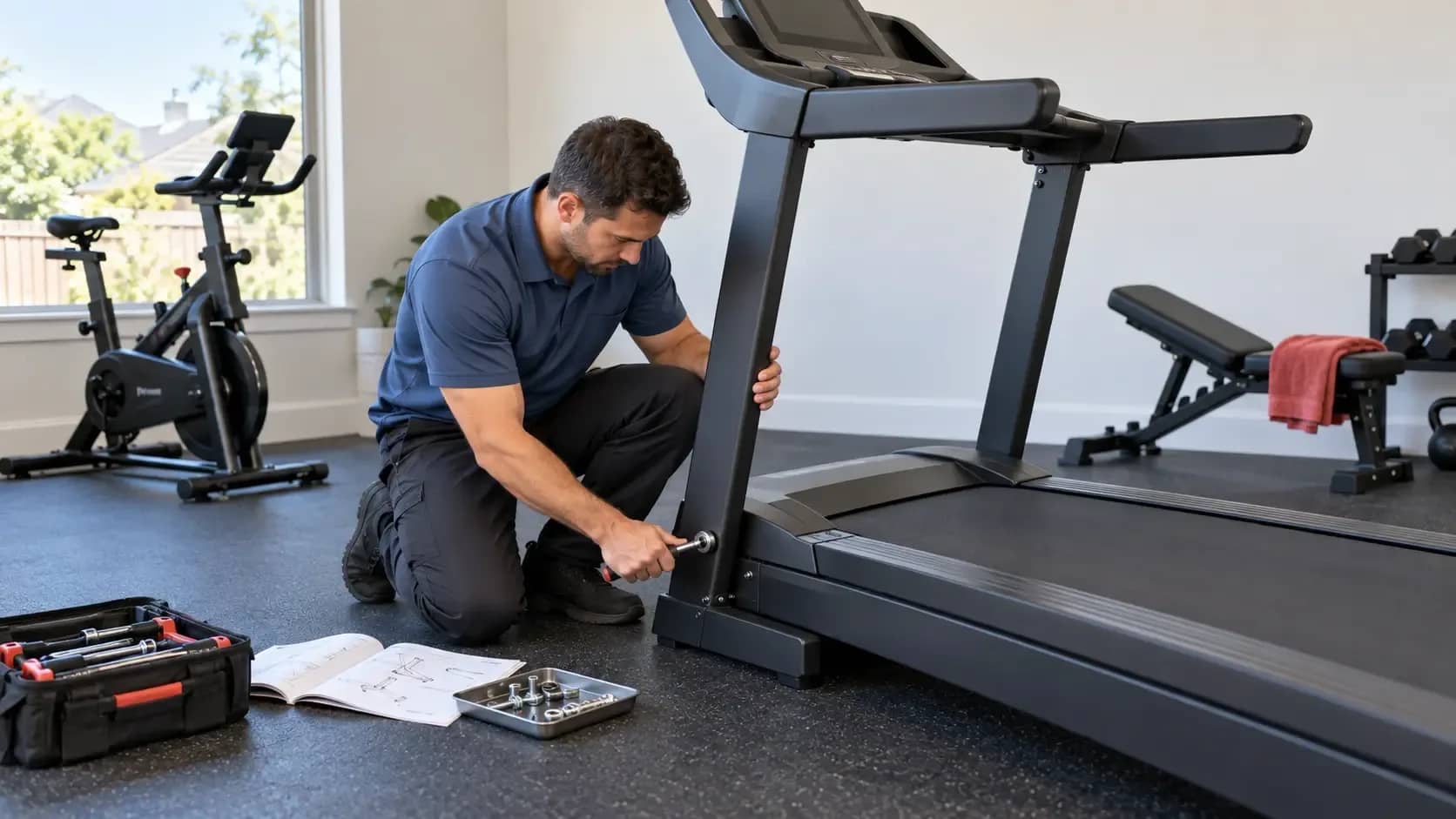 Gym Equipment Assembly in Carrollton, TX | HouseBench Technician securing a treadmill frame in a home gym, with assembly instructions and tools nearby.