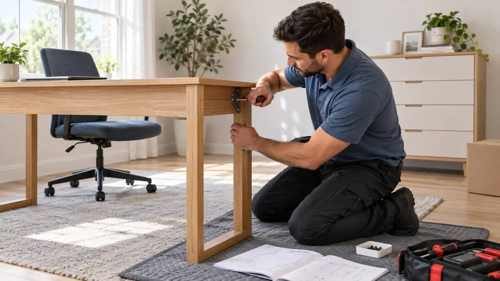 Furniture Assembly in Carrollton, TX | HouseBench Furniture assembler securing a wooden desk leg in a bright home office.