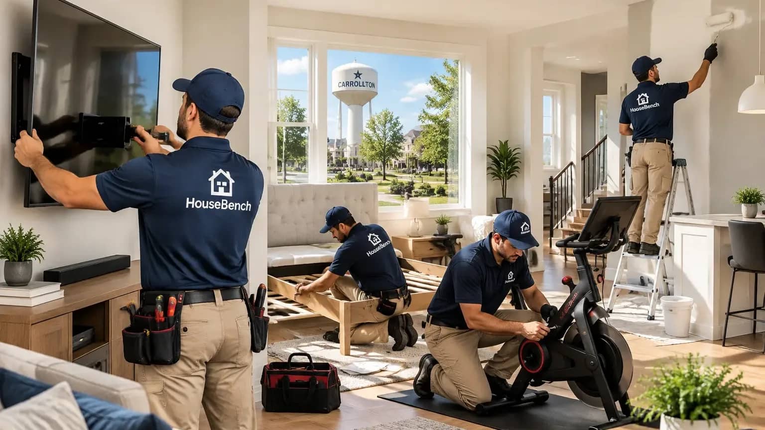 Handyman Services in Carrollton, TX | HouseBench Home Repairs & Assembly Services Background-checked HouseBench technicians providing handyman services in Carrollton, TX, including TV mounting, furniture assembly, fitness equipment setup, drywall repair, and interior painting.