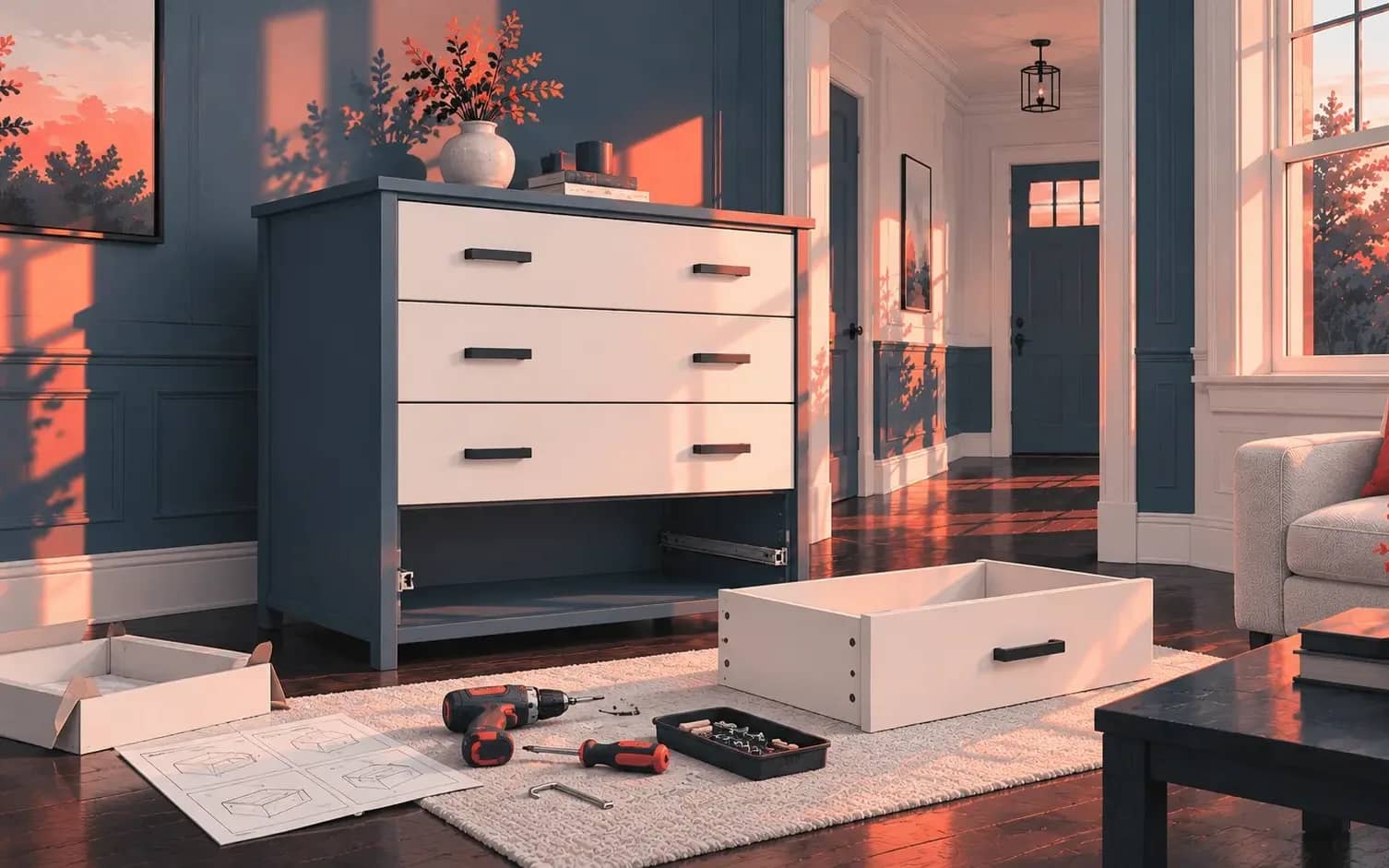 Beds, desks, tables, shelving, cabinets, and other ready-to-assemble furniture, built to the manufacturer's instructions.