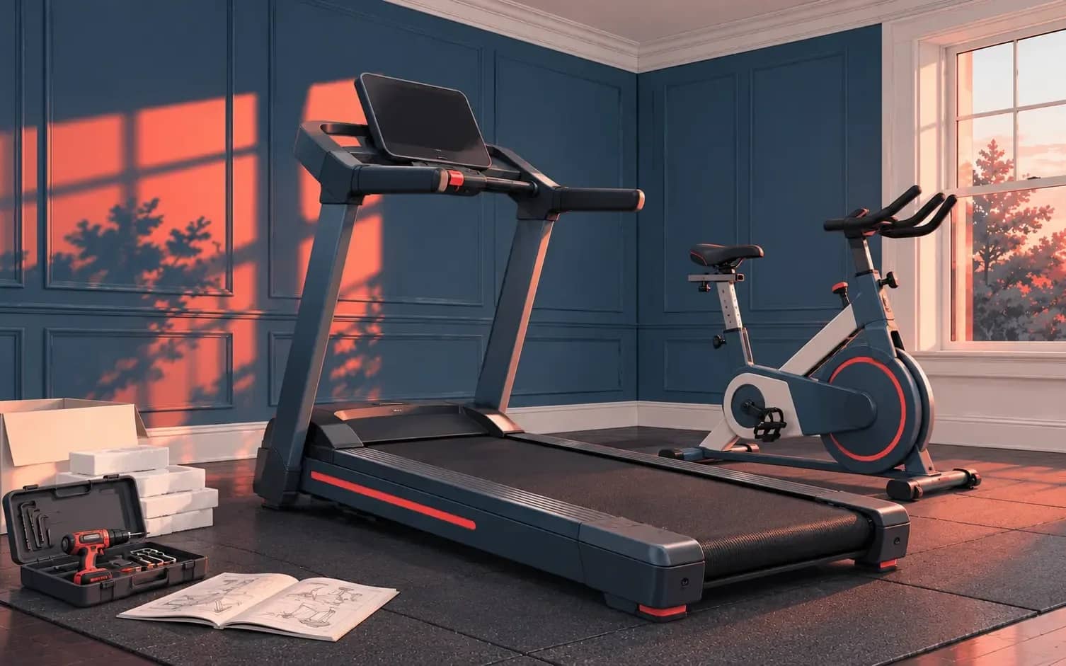 Treadmills, exercise bikes, weight benches, racks, and home gyms assembled, with components and adjustments checked before we finish.