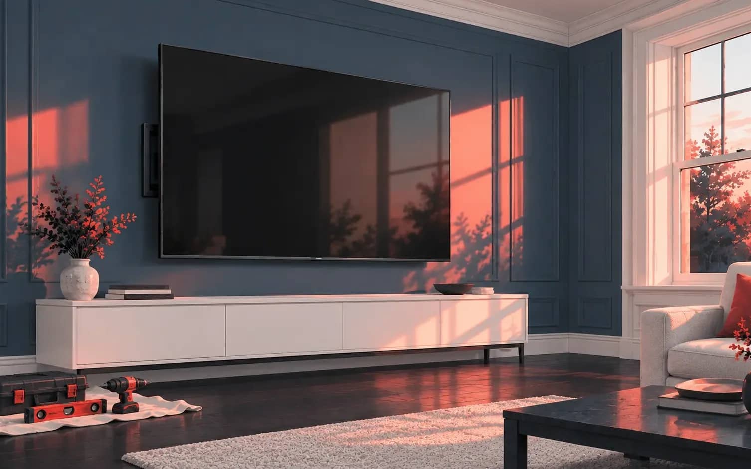 TVs mounted on walls that can carry them, at the height you agree on, with compatible hardware attached securely.