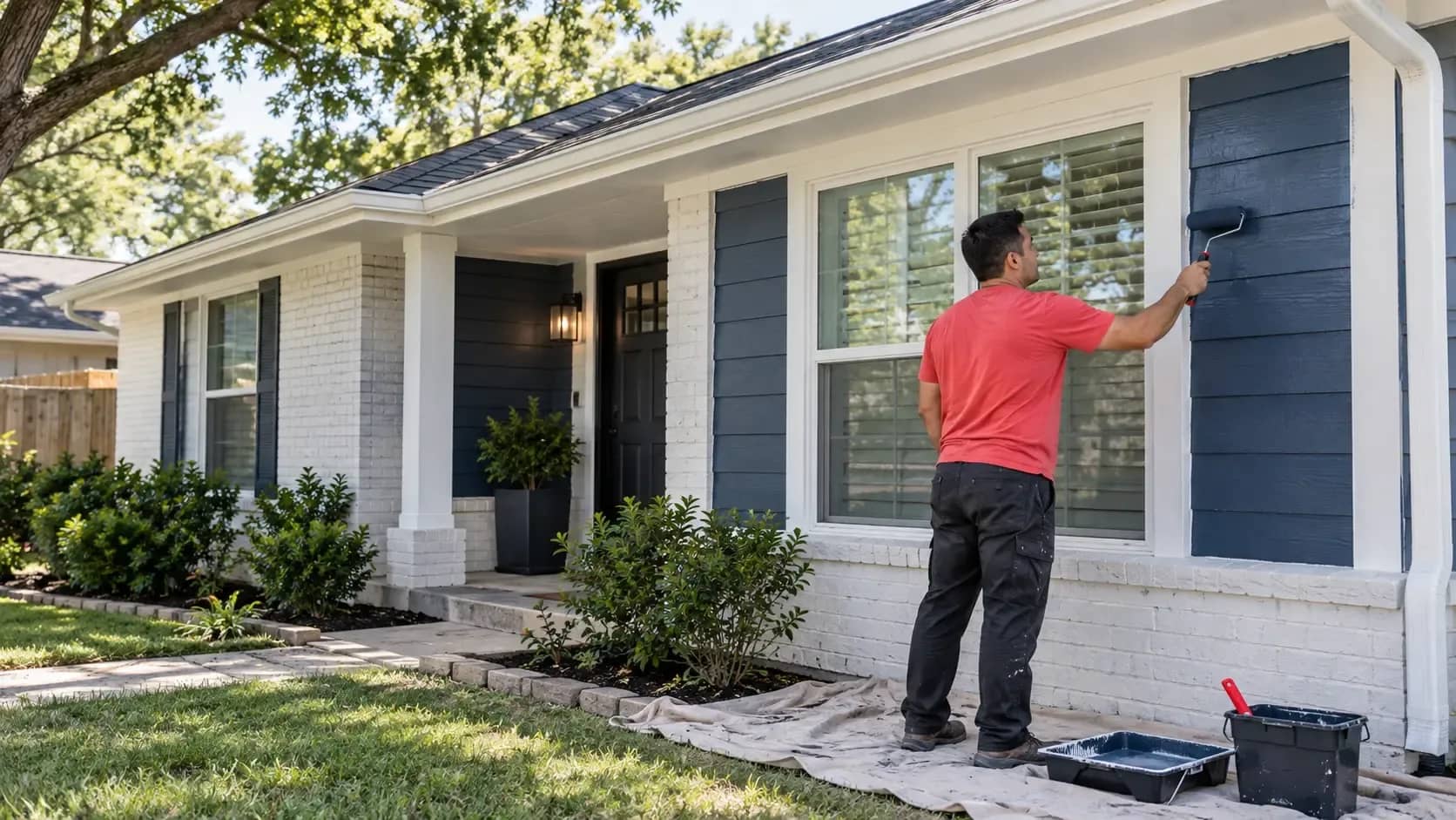 Exterior House Painting in Carrollton, TX | HouseBench Painter applying slate-blue paint to exterior siding on a home in Carrollton, TX.