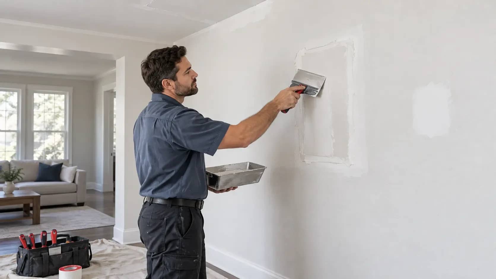Drywall Repair in Dallas, TX | HouseBench Technician smoothing joint compound over a drywall patch in a Dallas, TX home.