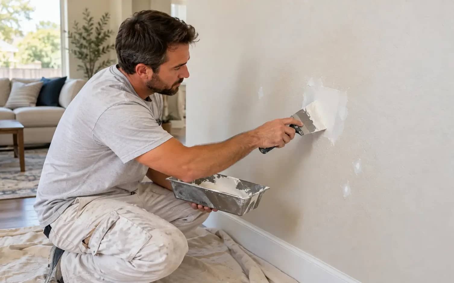 Holes, cracks, and dents, including the damage a removed shelf or bracket leaves behind. Repaired areas are prepared for painting, and the surrounding texture is blended where needed.