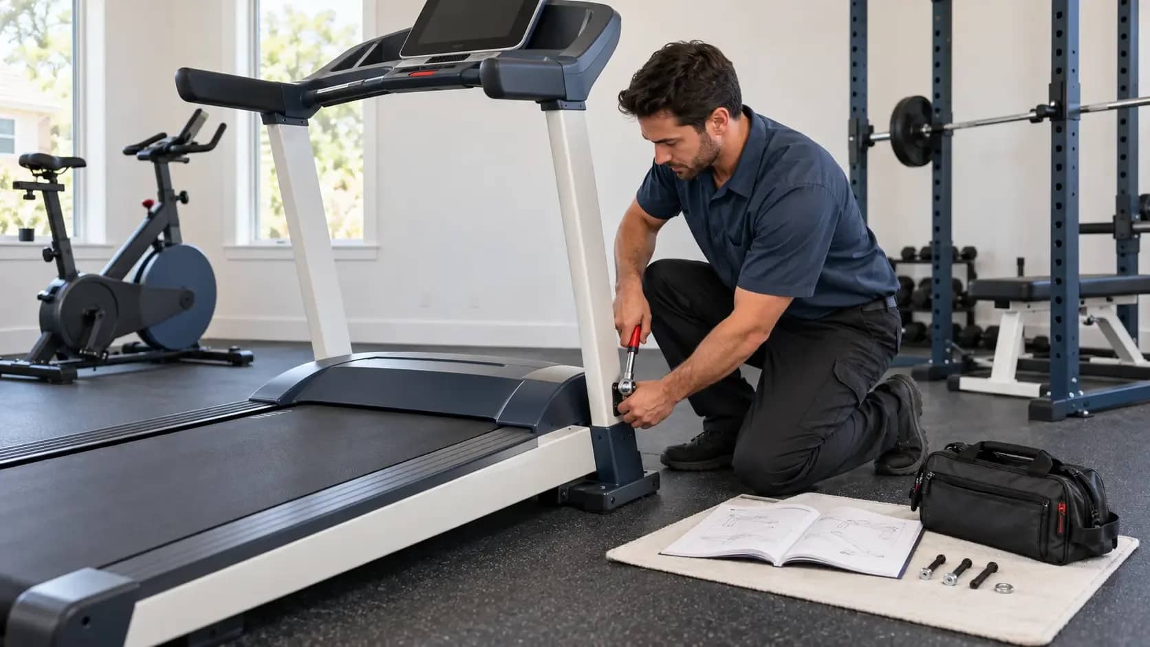Fitness Equipment Assembly in Dallas, TX | HouseBench Technician tightening a treadmill frame bolt in a Dallas home gym, with assembly instructions nearby.
