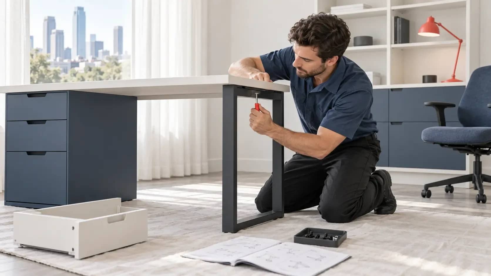 Furniture Assembly in Dallas, TX | HouseBench Technician assembling a desk in a Dallas home office, with furniture parts and hardware neatly organized.