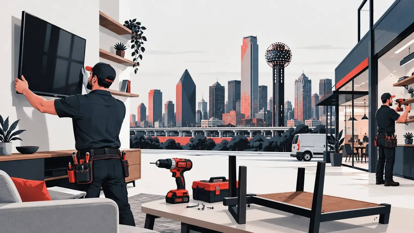 Professional Handyman Services in Dallas, TX Dallas handyman installing a wall-mounted TV with tools, furniture assembly, and the Dallas skyline featuring Reunion Tower in the background.