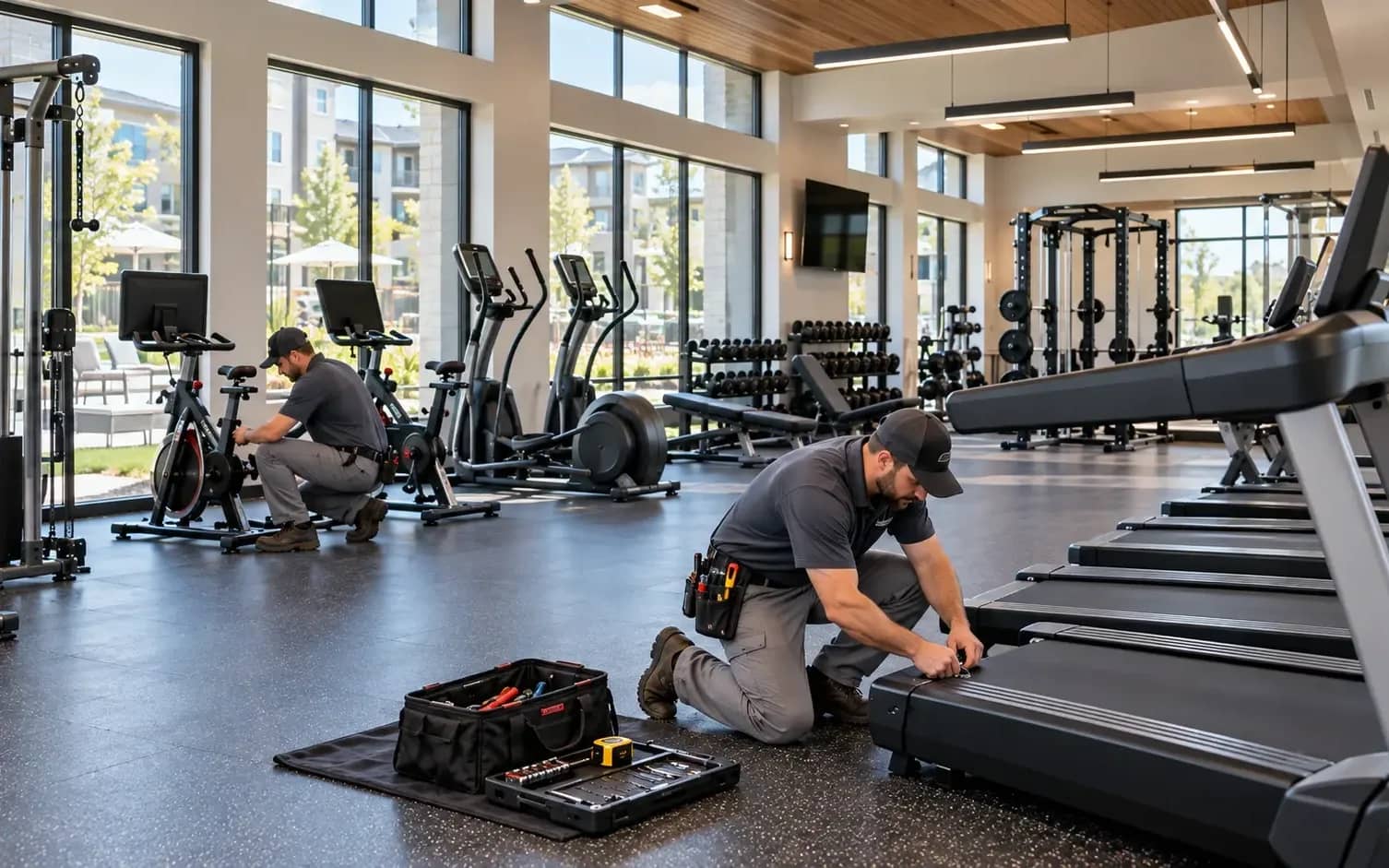 Treadmills, exercise bikes, benches, racks, and home gym systems assembled to the manufacturer's instructions and checked before you use them.
