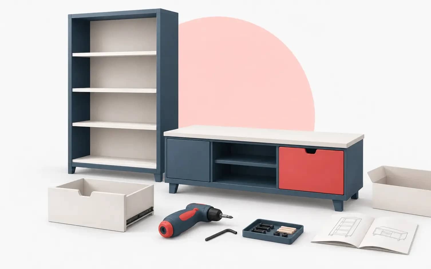 Flat-pack and boxed furniture assembled and set in place, so the room is ready to use.