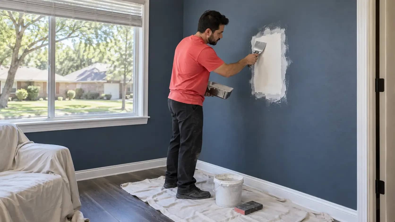 Drywall Repair in Euless, TX | HouseBench Technician smoothing a drywall patch on an interior wall in a home in Euless, TX.