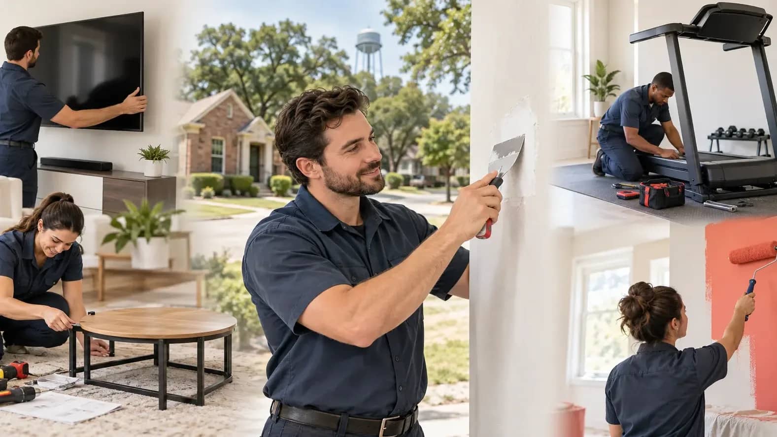 Handyman Services in Euless, TX | HouseBench Technicians repairing drywall, mounting a TV, assembling furniture and a treadmill, and painting a home interior.