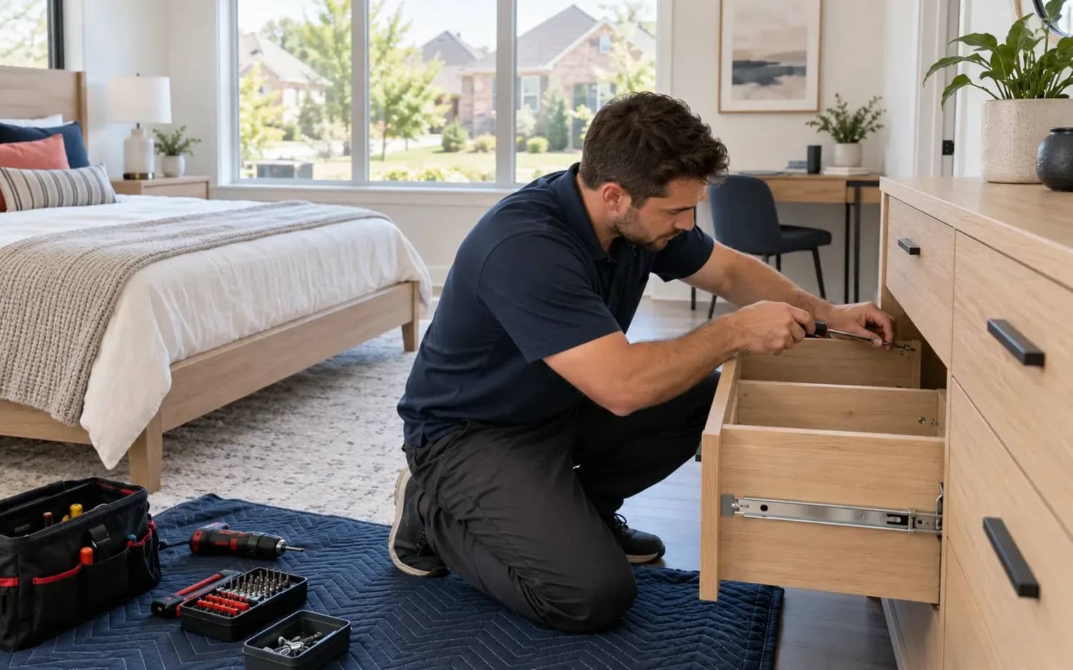 Assemble beds, dressers, desks, and shelving once the walls are finished.