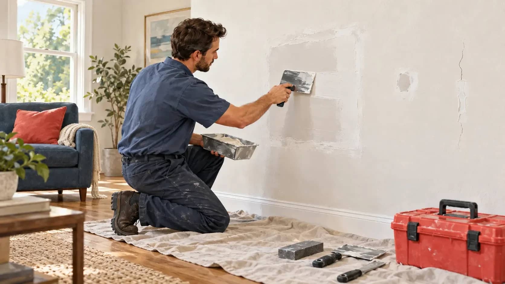 Drywall Repair in Fort Worth, TX | HouseBench Technician smoothing joint compound over a drywall patch in a living room, with repair tools and a coral toolbox nearby.