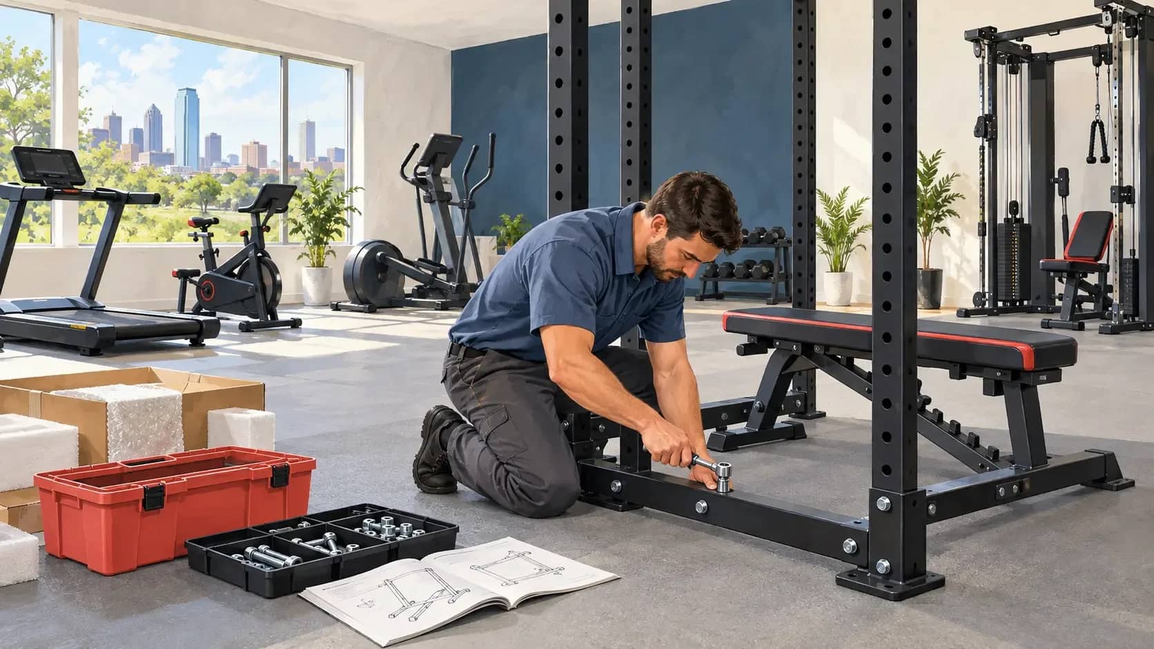 Fitness Equipment Assembly in Fort Worth, TX | HouseBench Technician assembling a power rack in a home gym with a weight bench, treadmill, exercise bike, and elliptical.