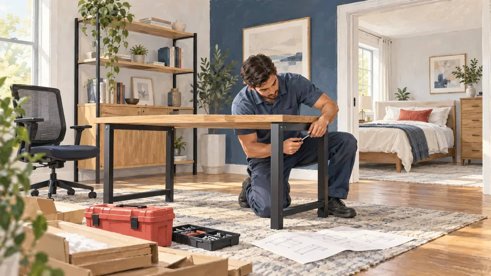 Furniture Assembly in Fort Worth, TX | HouseBench Technician assembling a wooden desk in a home office, with shelving, a bed, and a dresser in the background.