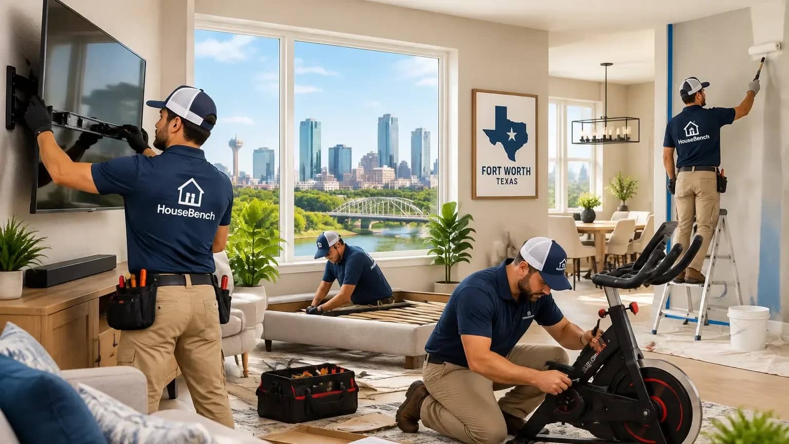 Handyman Services in Fort Worth, TX | HouseBench Home Repairs & Assembly Services Background-checked HouseBench technicians providing handyman services in Fort Worth, TX, including TV mounting, furniture assembly, fitness equipment setup, drywall repair, and interior painting.
