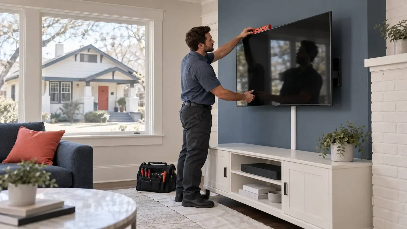 TV Mounting in Fort Worth, TX | HouseBench Technician checking the level of a wall-mounted TV in a Fort Worth home.