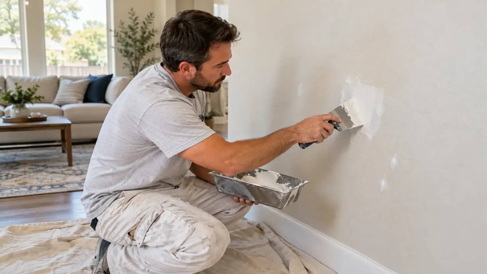 Drywall Repair in Frisco, TX Technician patching an interior drywall wall in a Frisco, TX home.