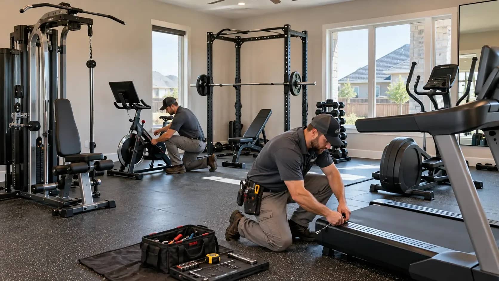 Fitness Equipment Assembly in Frisco, TX | HouseBench Professional technicians assembling treadmills, exercise bikes, and home gym equipment in a Frisco, TX home.