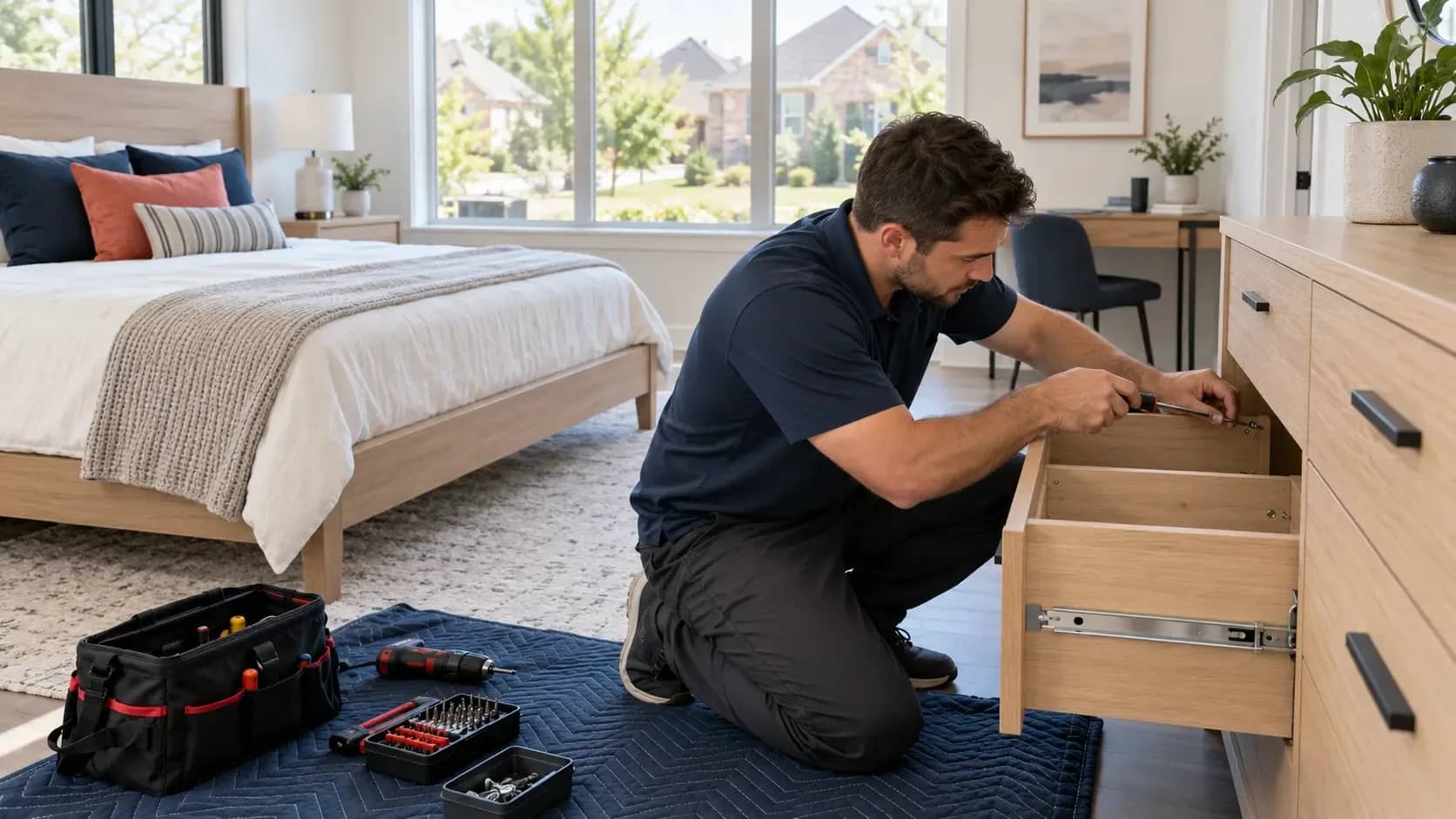 Technician assembling a wooden dresser in a bright bedroom with a bed and desk. Furniture Assembly in Frisco, TX | HouseBench