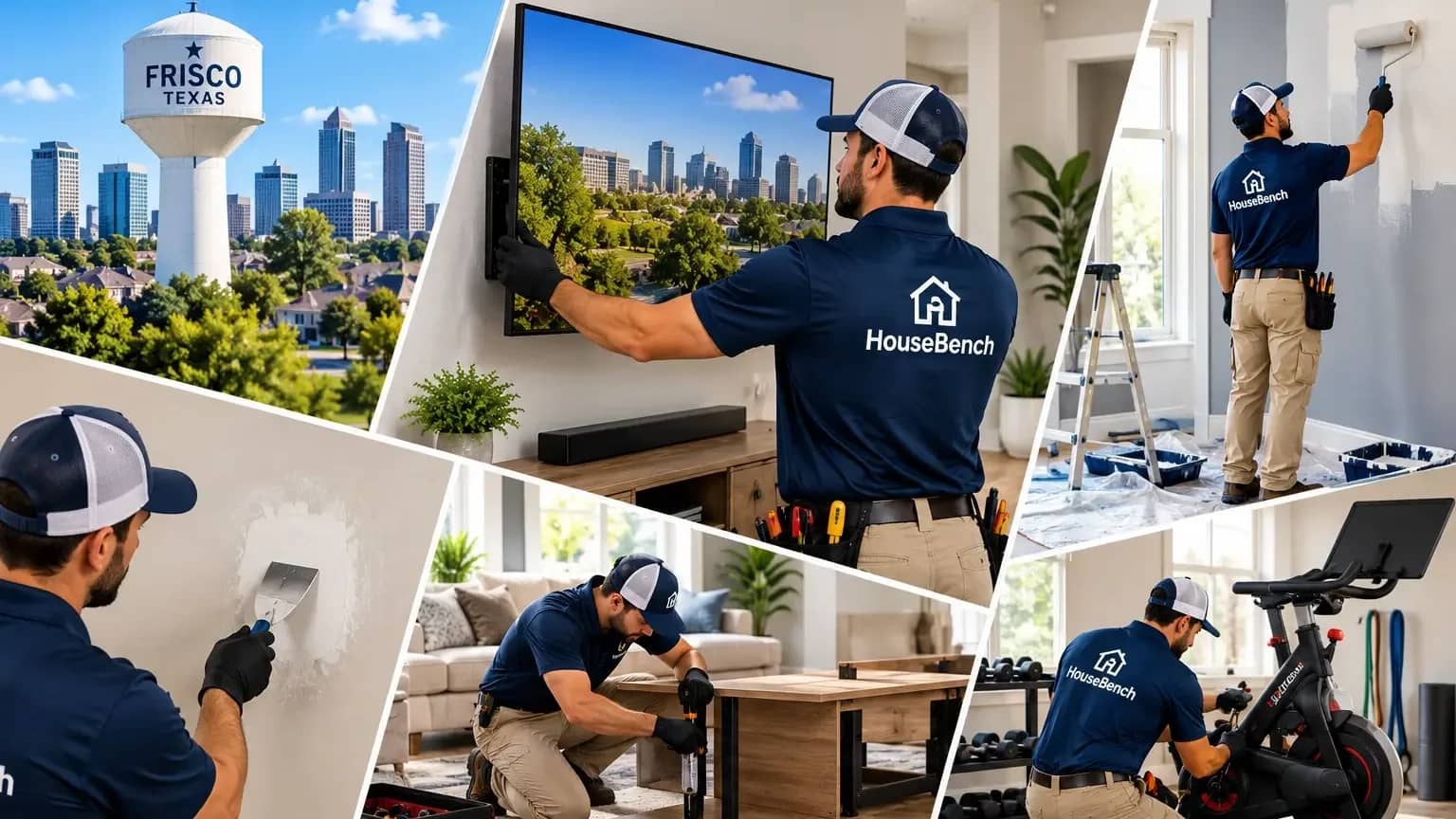 Handyman Services in Frisco, TX | HouseBench Home Repairs & Assembly Services HouseBench handyman technicians providing home services in Frisco, TX, including TV mounting, drywall repair, furniture assembly, fitness equipment setup, and interior painting.