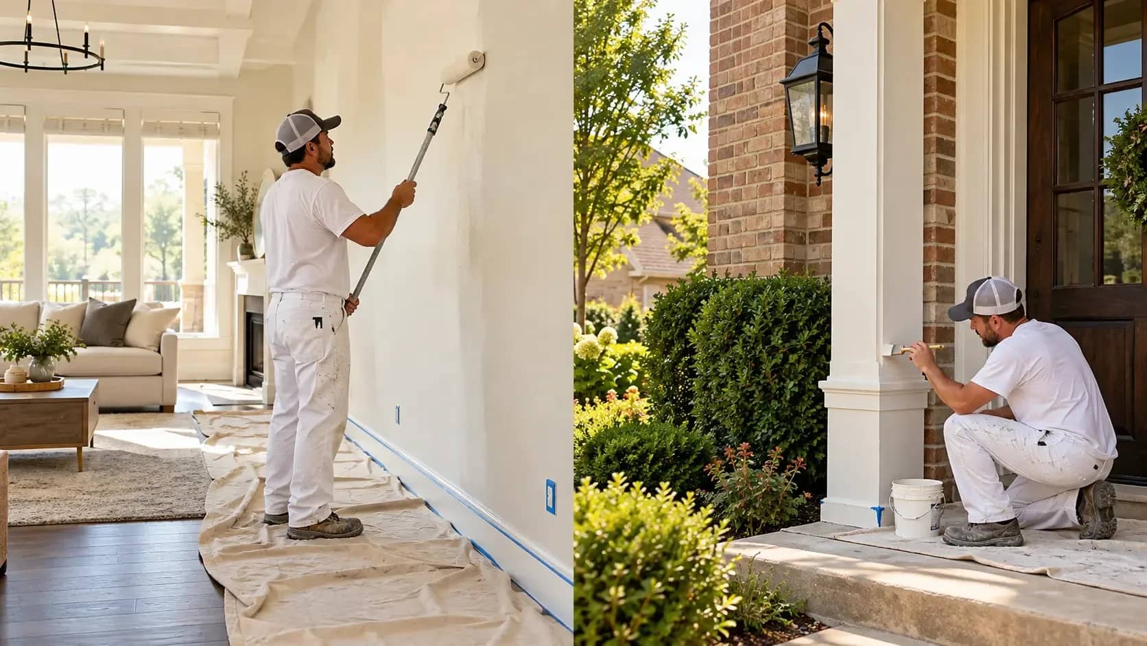 Interior and Exterior Painting Services in Frisco, TX Painters applying paint to an interior wall and exterior porch trim at a Frisco, TX home.