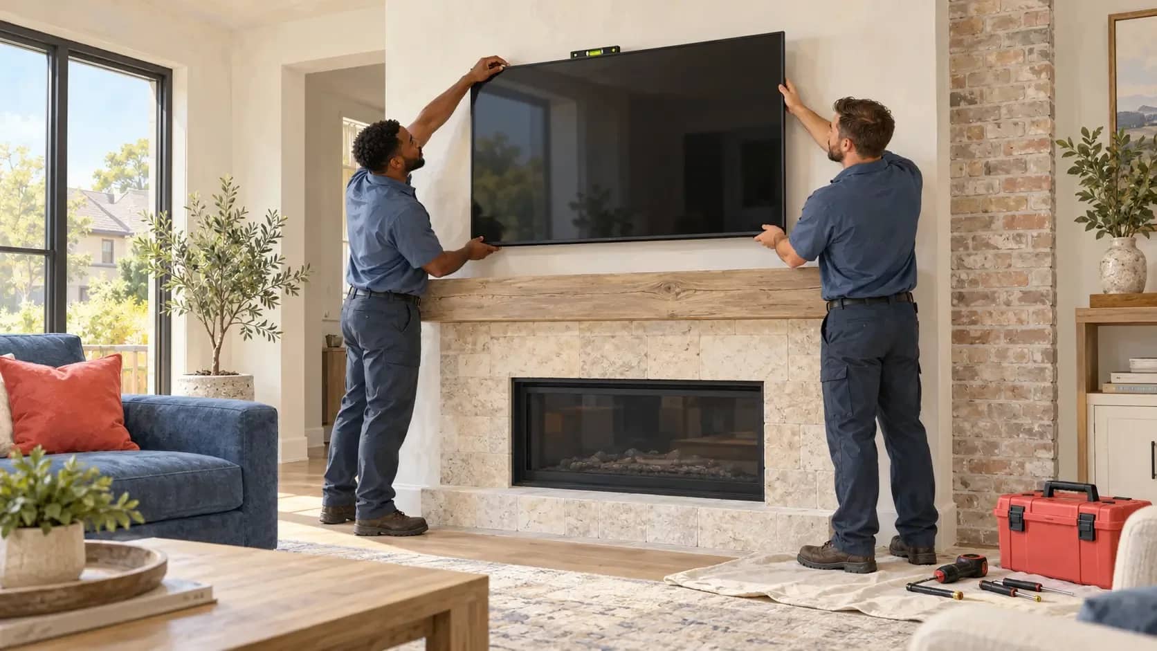 TV Mounting in Frisco, TX | HouseBench Two technicians mounting and leveling a TV above a stone fireplace in a living room.