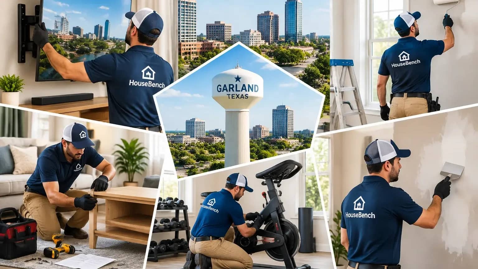 Handyman Services in Garland, TX | HouseBench Home Repairs & Assembly Services HouseBench background-checked technicians providing handyman services in Garland, TX, including TV mounting, furniture assembly, fitness equipment setup, drywall repair, and interior painting.