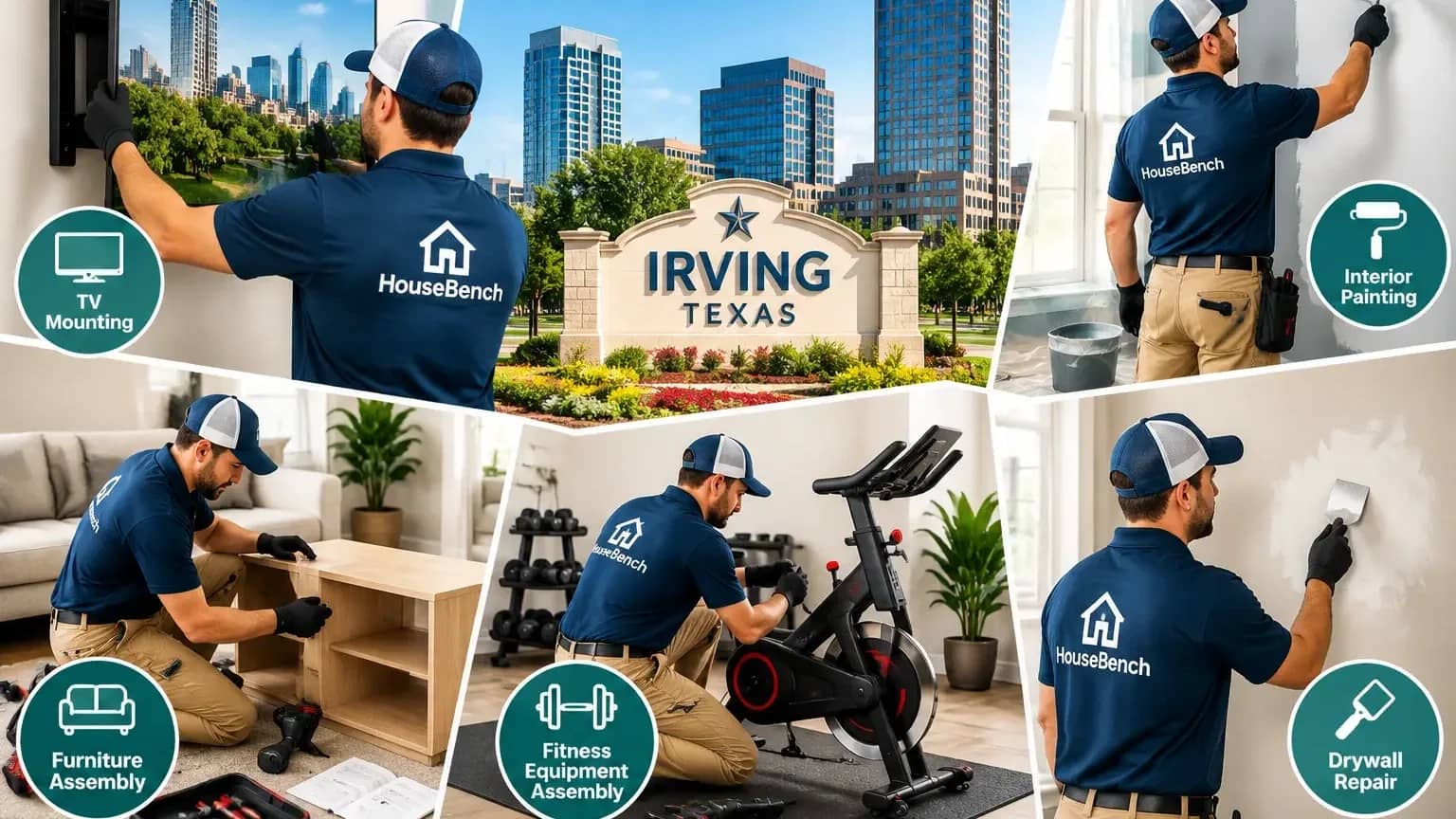 Handyman Services in Irving, TX | HouseBench Home Repairs & Assembly Services Background-checked HouseBench technicians providing handyman services in Irving, TX, including TV mounting, furniture assembly, fitness equipment setup, drywall repair, and interior painting.