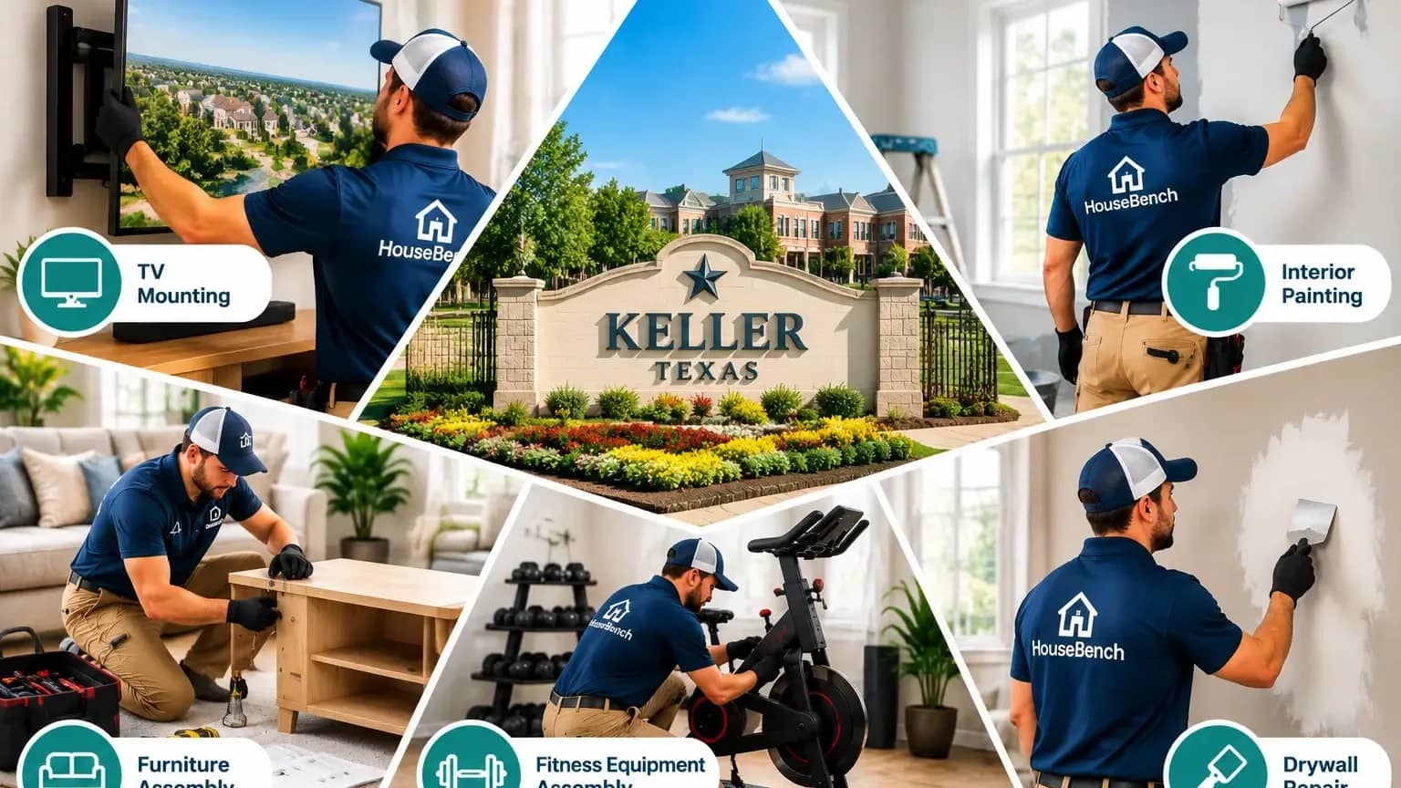 Handyman Services in Keller, TX | HouseBench Home Repairs & Assembly Services HouseBench background-checked technicians providing handyman services in Keller, TX, including TV mounting, furniture assembly, fitness equipment setup, painting, and drywall repair.