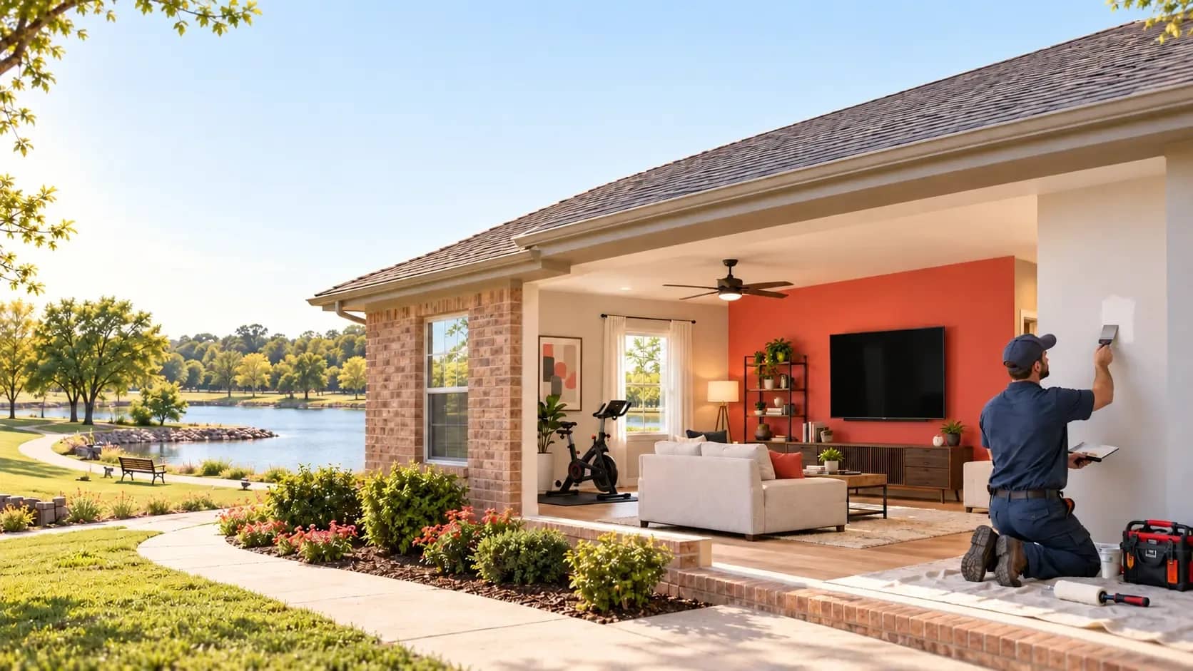 Home Projects and Handyman Services in Watauga, TX | HouseBench Handyman repairing drywall in a Watauga-inspired home with a wall-mounted TV, assembled furniture, and exercise bike.